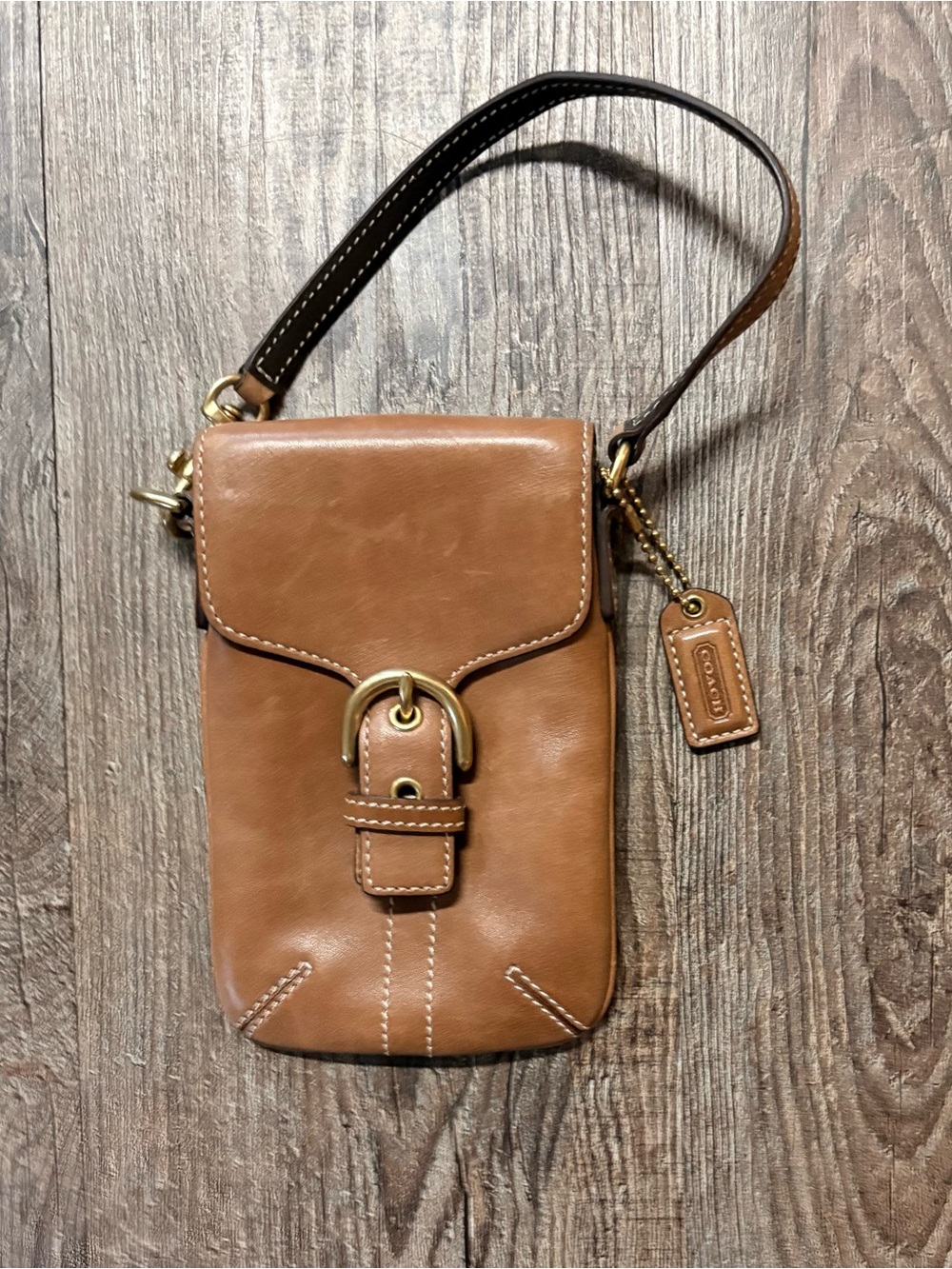 Coach Tan Leather camera/phone bag with Buckle Accent